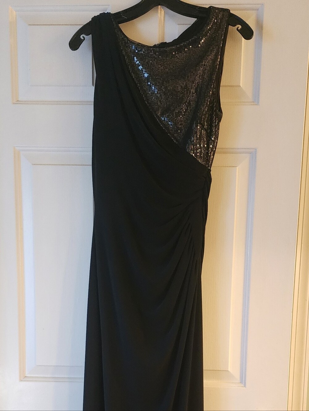 Frank Lyman Design Black Ruched Jersey Evening Gown Silver Sequin Bodice Size 8